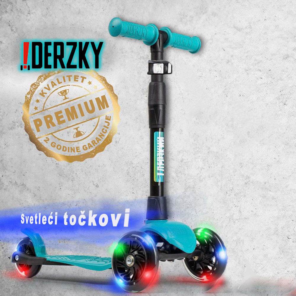 Trotinet Derzkij Baby with colorful LED wheels for kids aged 1-5, featuring adjustable handlebar and lightweight design.
