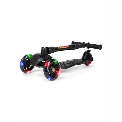 Trotinet Derzkij Baby with colorful LED wheels, foldable design, and adjustable handlebars.