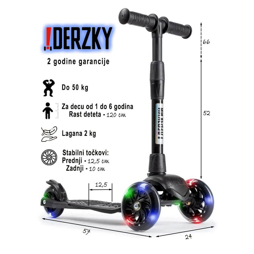 Trotinet Derzkij Baby for ages 1-5 years with colorful LED wheels and adjustable handlebar.