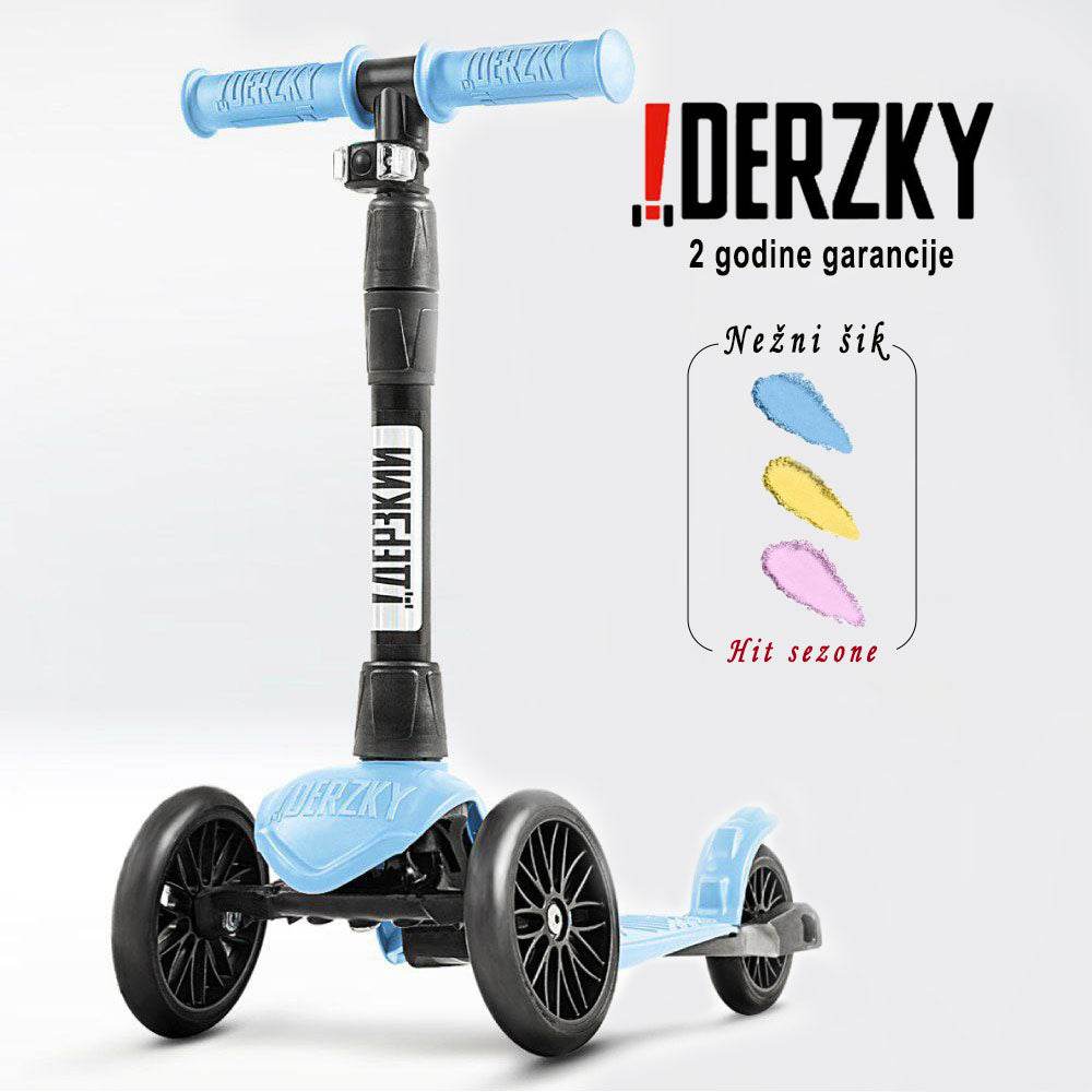 Trotinet Derzkij Baby Style for ages 1-5, lightweight with a polymer frame, ABEC 7 bearings, foldable, and reflective elements.