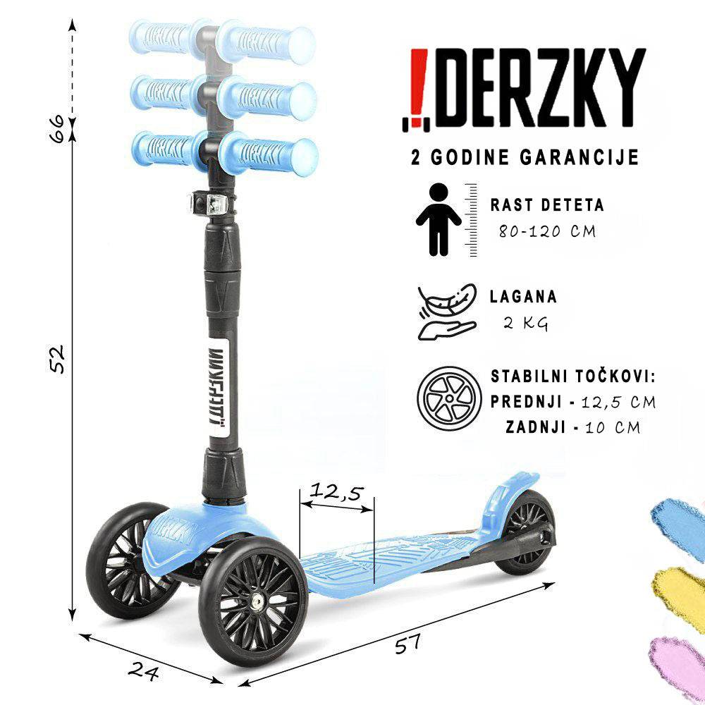 Trotinet Derzkij Baby Style for children aged 1-5, lightweight and modern with adjustable telescopic handle, durable polymer frame, large front wheels, and foldable design.