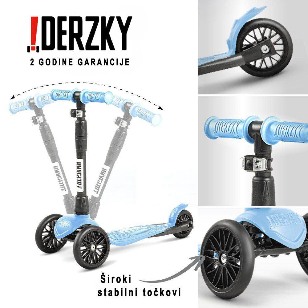 Trotinet Derzkij Baby Style, modern scooter for kids aged 1-5, featuring unique polymer frame, adjustable handlebar, large wheels, and safety elements.