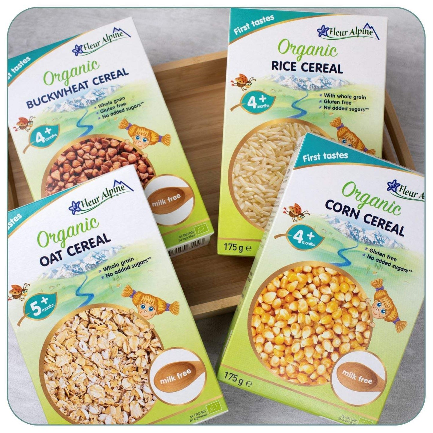 Fleur Alpine organic buckwheat cereal, gluten-free, milk-free, 175g box for babies 4+.