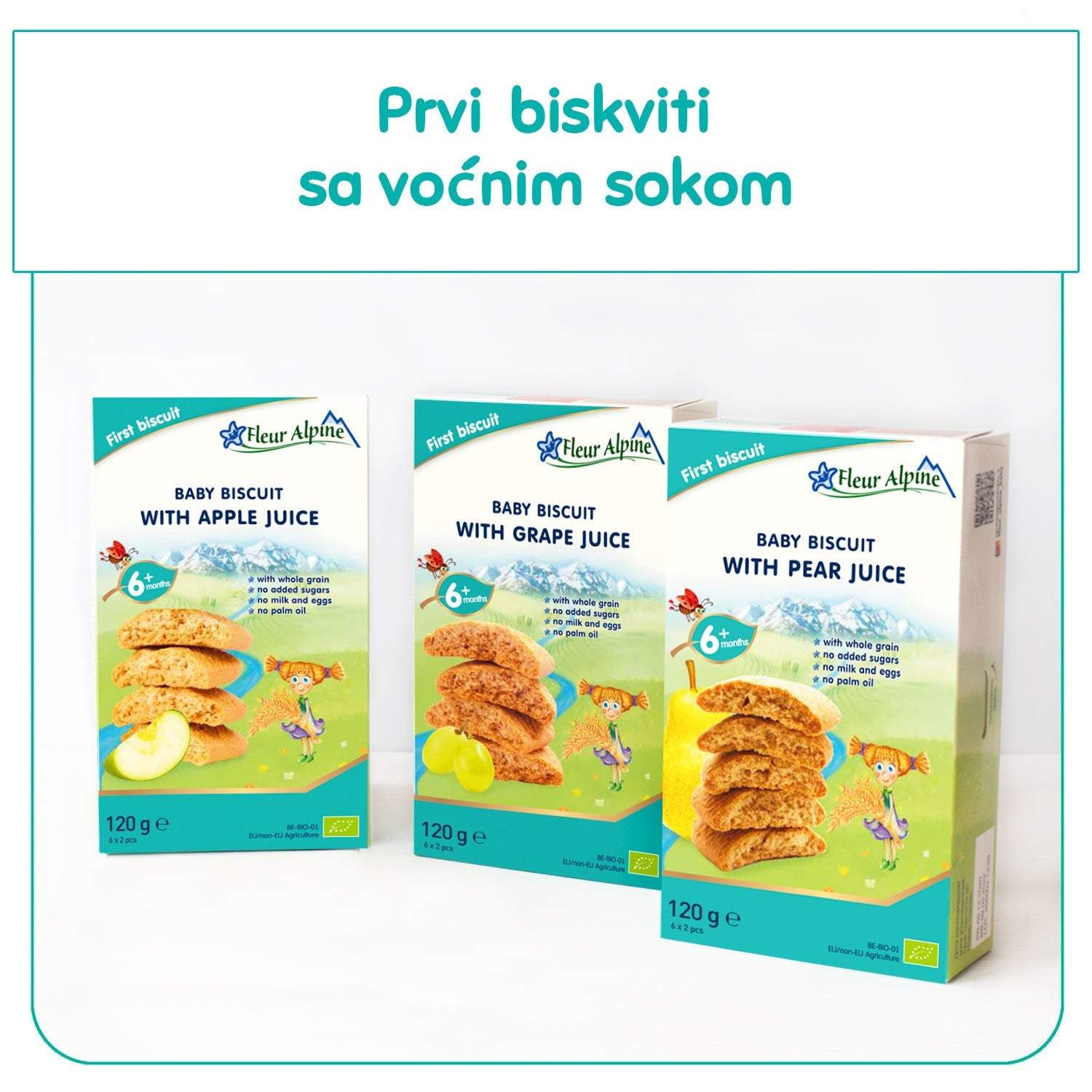 Fleur Alpine baby biscuits with fruit juice varieties, organic, 120g, for ages 6+, in colorful packaging.