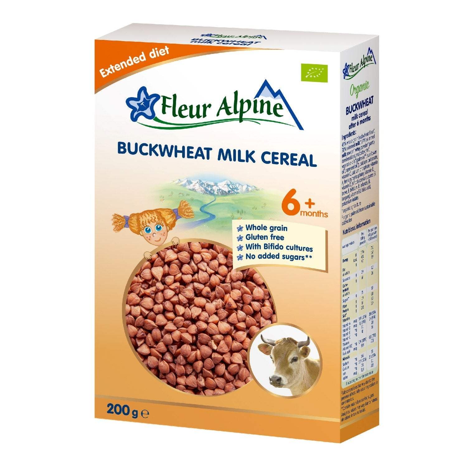 Fleur Alpine organic buckwheat milk cereal for babies, gluten-free, 200g.