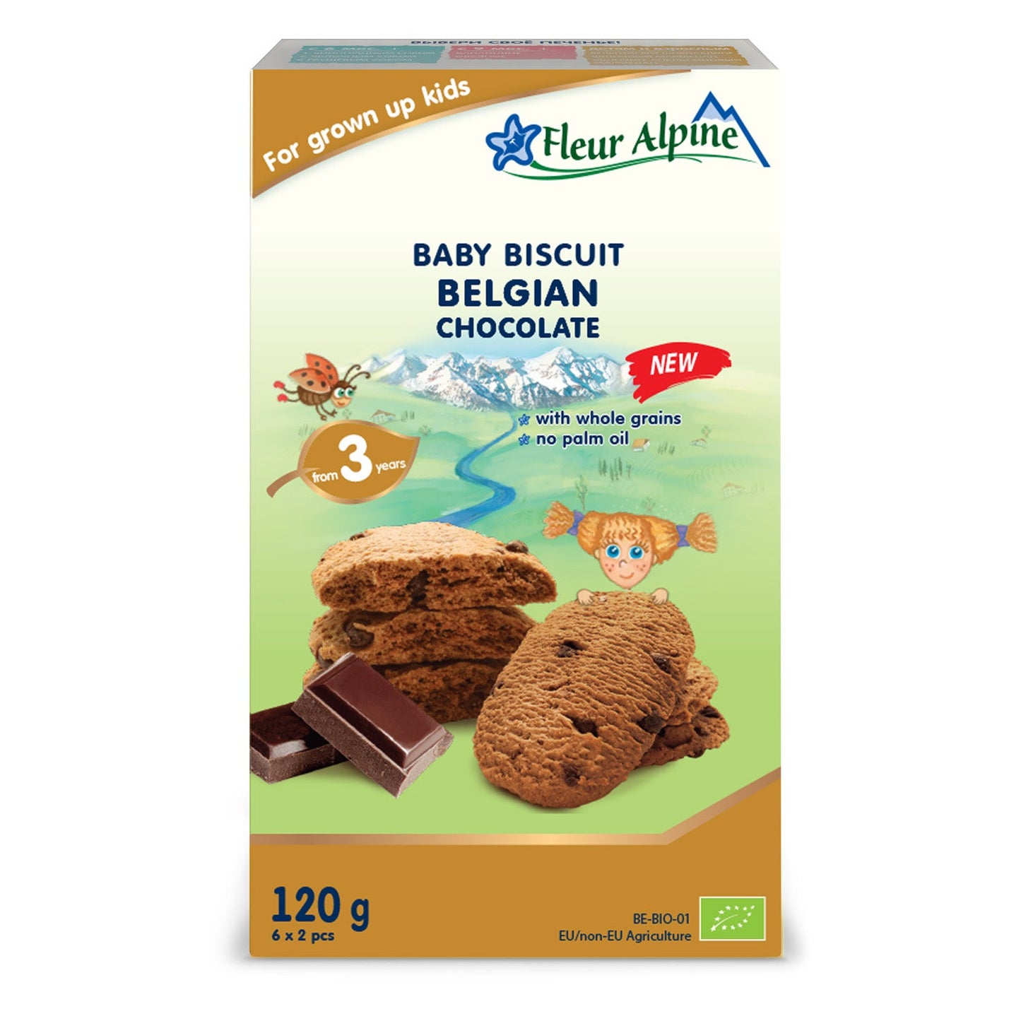 Fleur Alpine organic biscuits with Belgian chocolate, 120g, whole grain flour, palm oil-free.