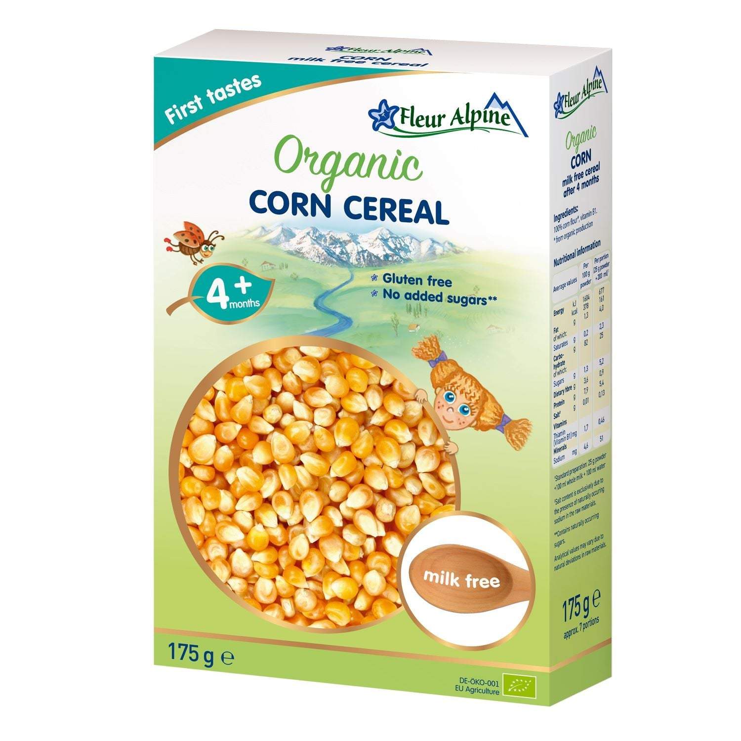 Fleur Alpine organska bezmlečna kukuruzna kaša, 4+, bez glutena, 175 g.