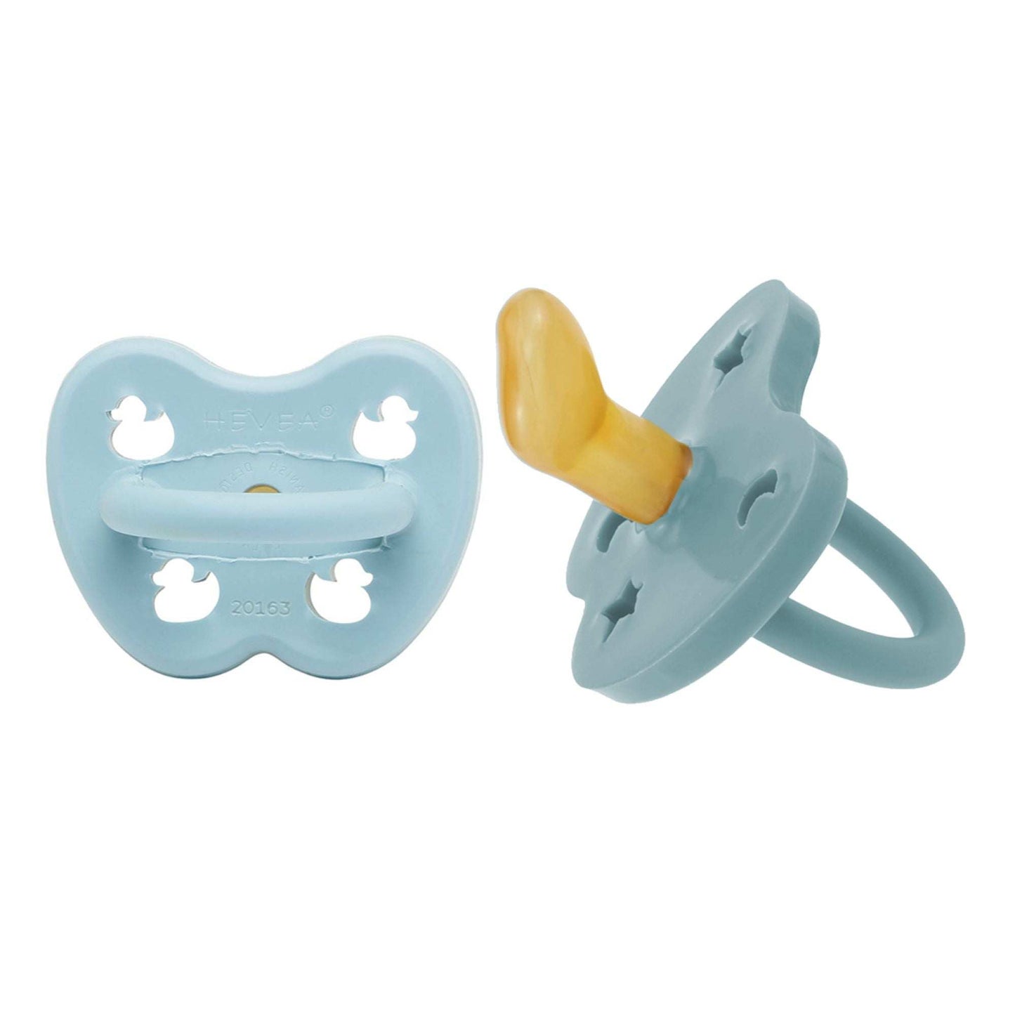 Hevea orthodontic pacifier natural rubber baby blue and milky white for 0-3 months, 2-pack.