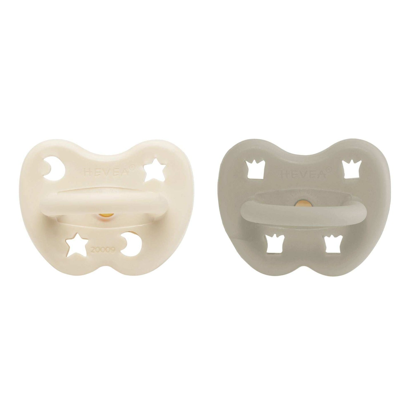 Hevea orthodontic pacifier in natural rubber, oatmeal milk and milky white color, eco-friendly.