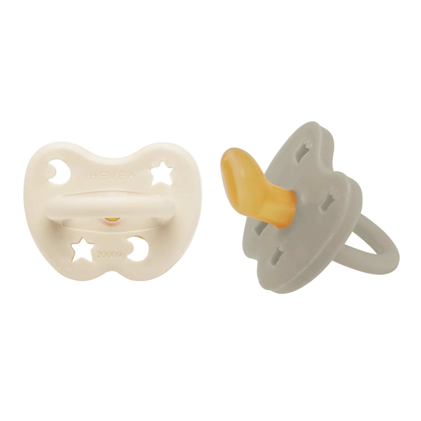 Hevea orthodontic pacifier in baby blue and milky white for 0-3 months, 2-pack.