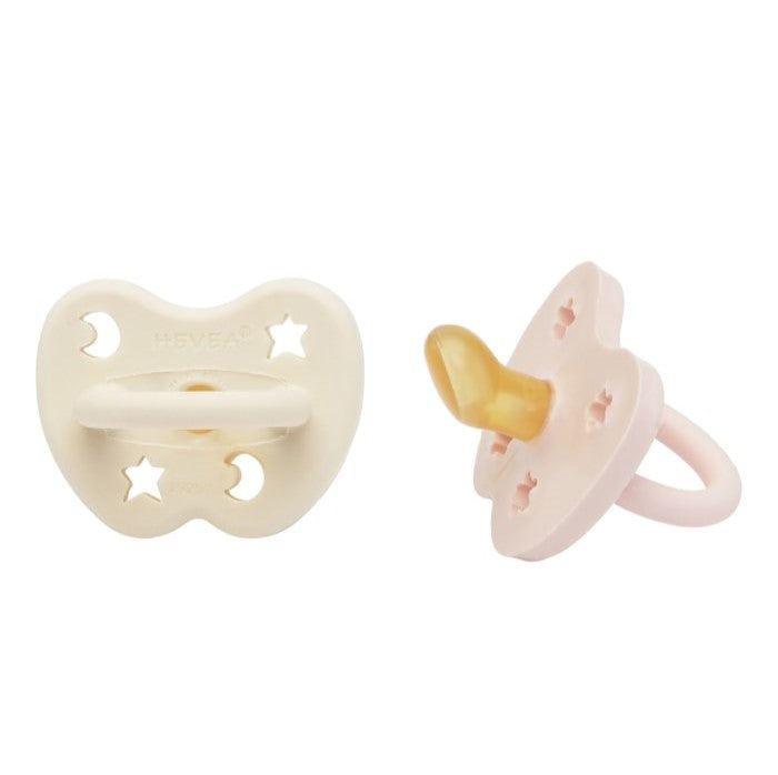 Hevea orthodontic pacifiers, natural rubber, baby blue and milky white, suitable for 0-3 months, 2-pack.