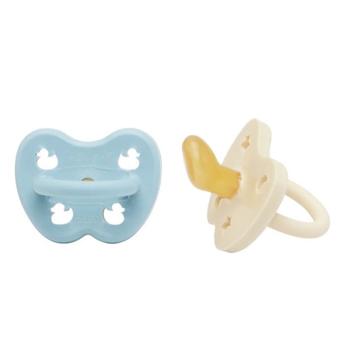 Hevea orthodontic pacifiers blue and milky white for babies 0-3 months, set of 2.