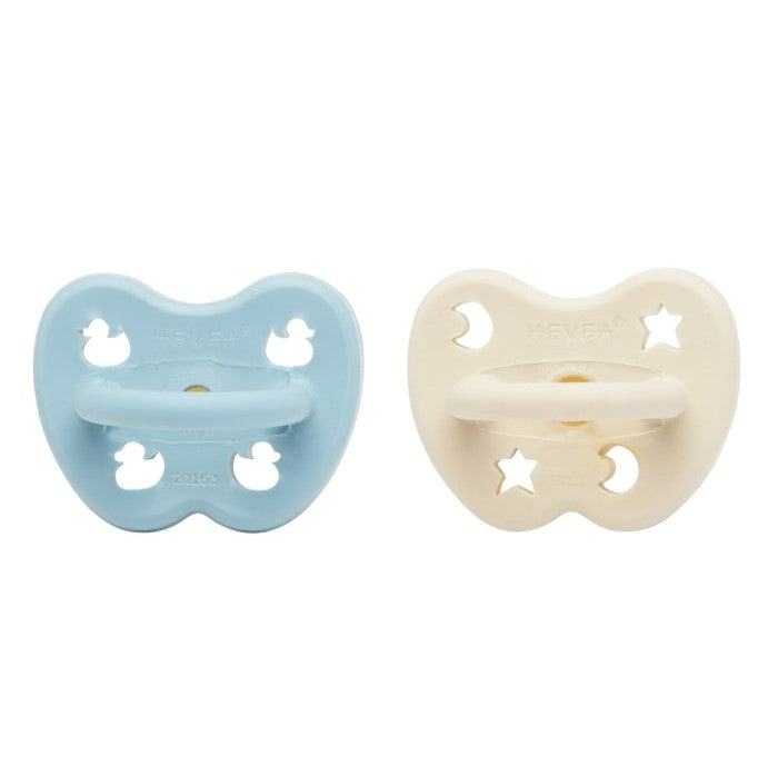 Hevea natural rubber pacifiers, blue and white, for 0-3 months, set of 2.
