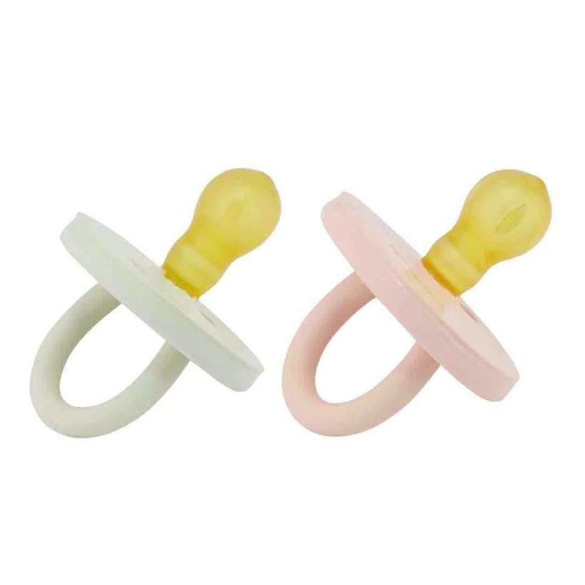 Hevea natural rubber pacifier for babies 0-3 months in rose and sage colors, eco-friendly and safe.
