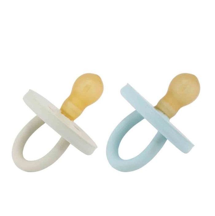 Hevea round natural rubber pacifiers for 0-3 months, BumiBebe pack of 2 in Texas and sage colors.