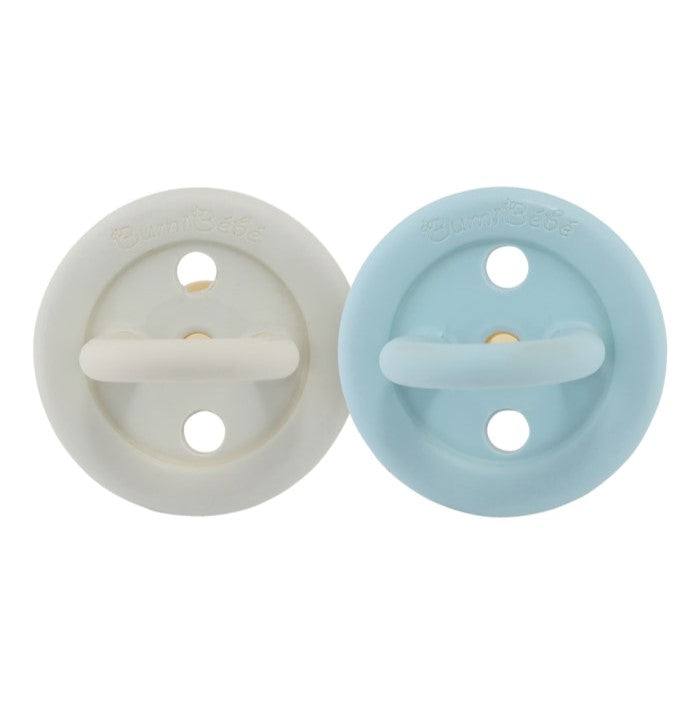 Hevea round natural rubber pacifiers for babies (0-3 months), pack of 2, in denim and sage colors.