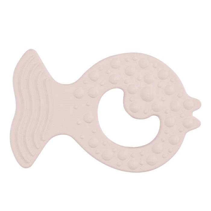 Hevea Bumibebe glodalica teether in fish shape made from natural rubber, safe pigment, and hygienic one-piece design.