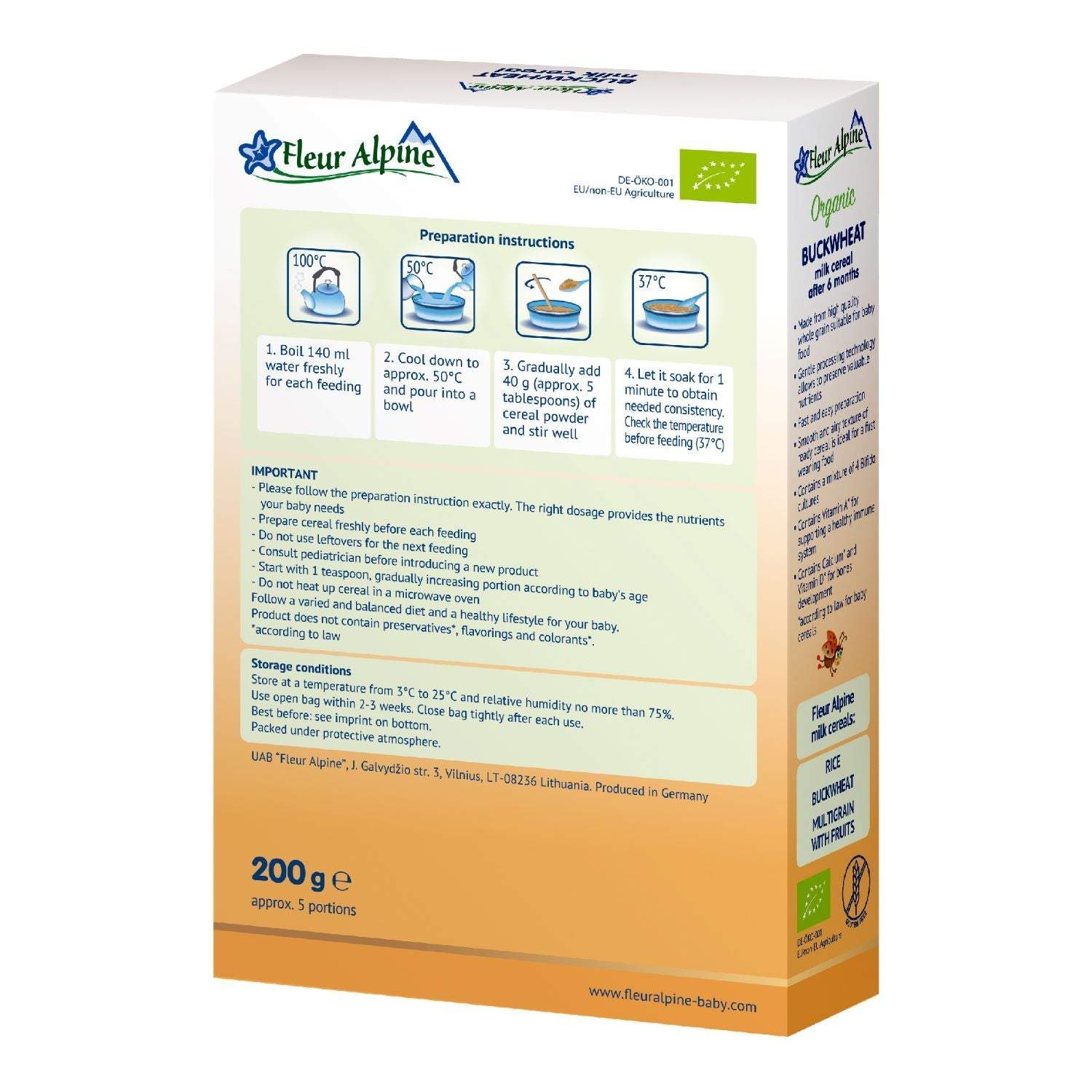 Fleur Alpine organic buckwheat milk porridge, gluten-free, 200g, for babies 6+.