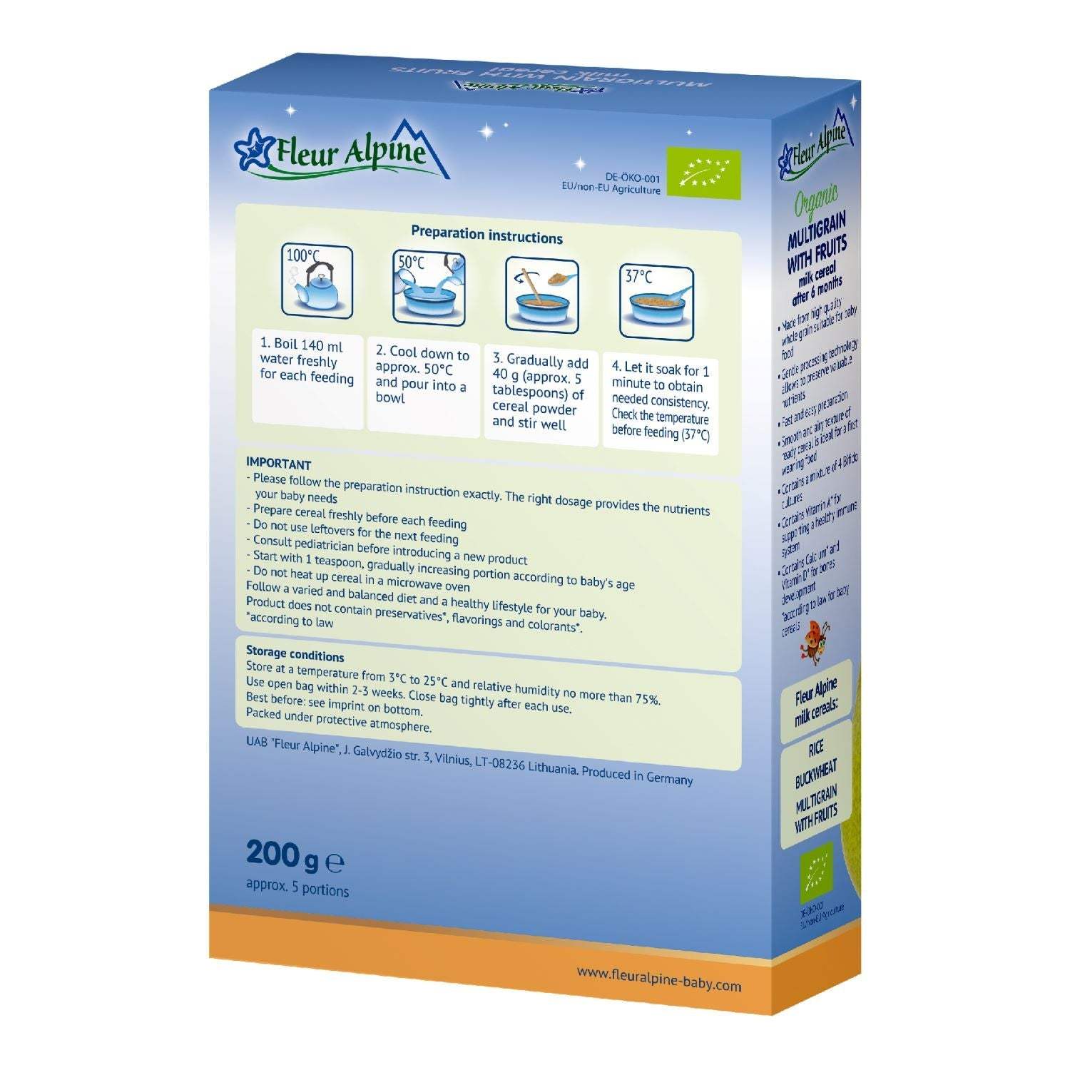 Fleur Alpine organic multigrain porridge with fruits for 6+ months, 200g box.