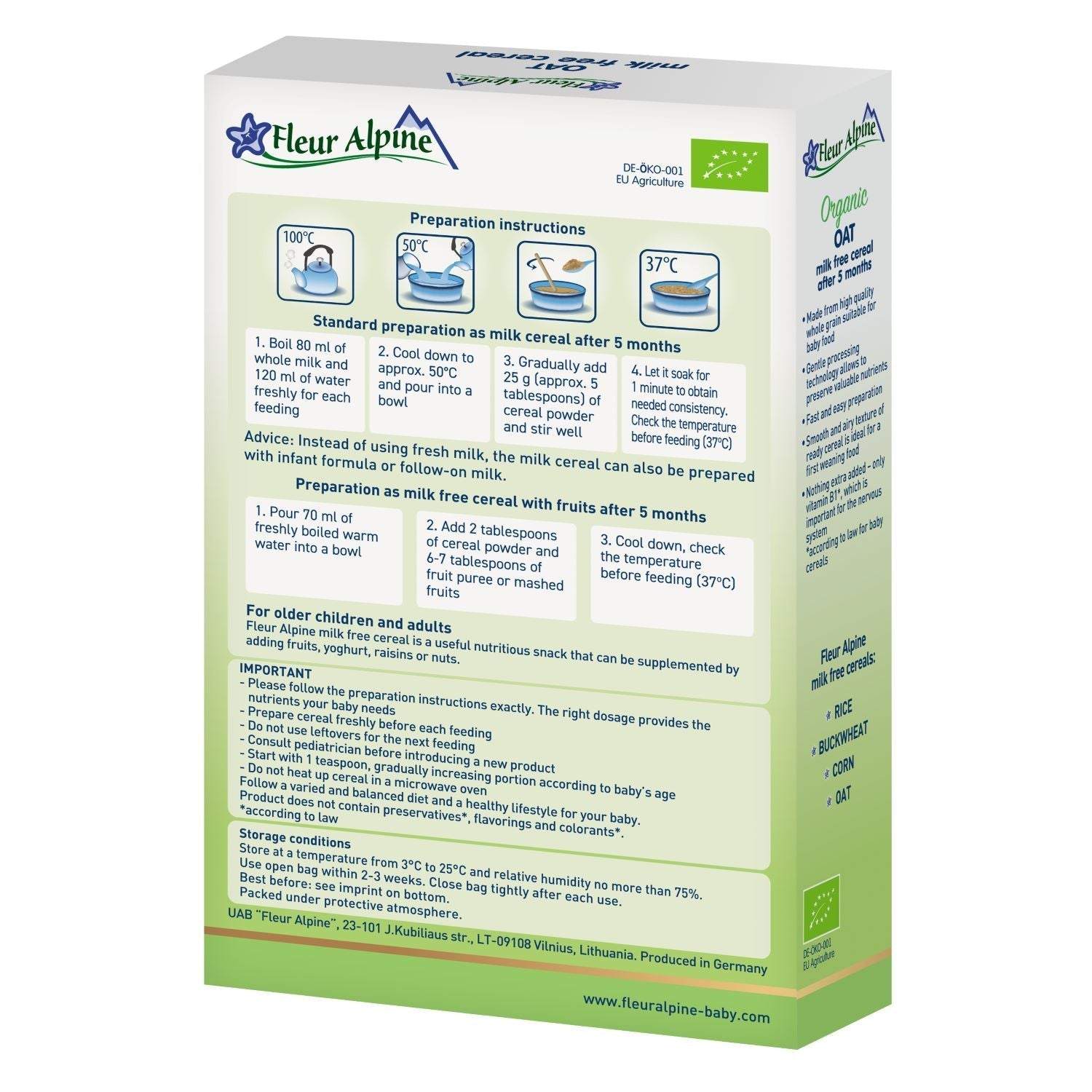 Fleur Alpine organic non-dairy oat cereal for babies, 5+, 175g.