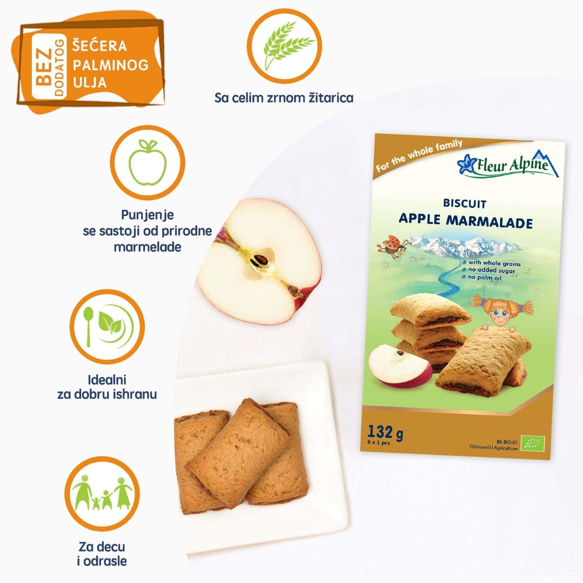 Fleur Alpine biskvit, apple marmalade, no added sugar, whole grain, palm oil free, 132g.