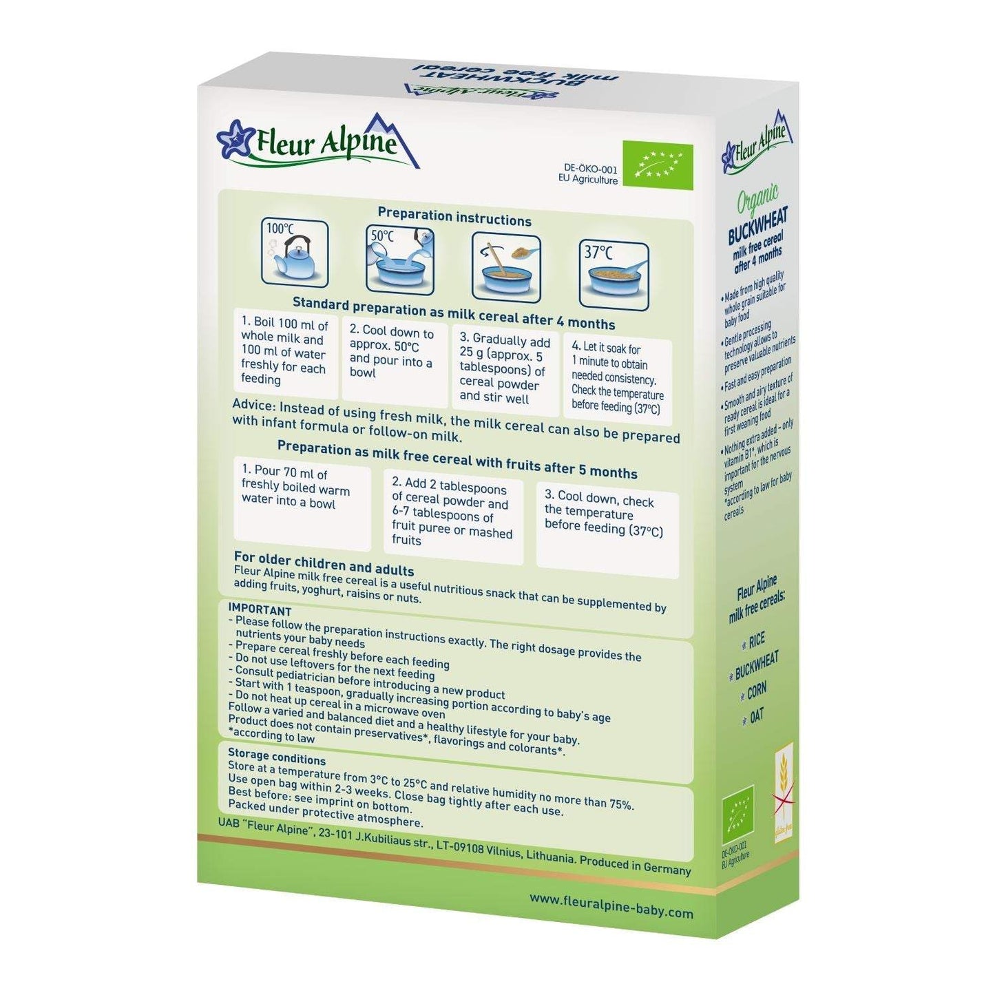 Fleur Alpine organska bezmlečna kaša od heljde, gluten-free baby cereal, 175 g package.