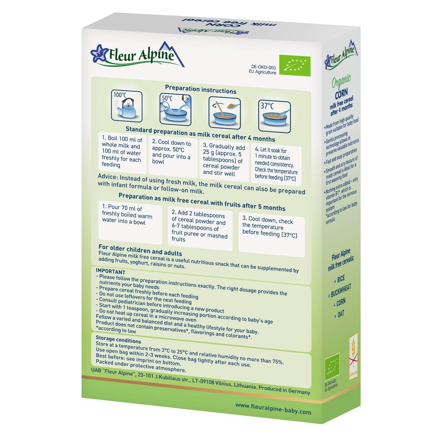 Fleur Alpine organic corn baby cereal, gluten-free, 175g packaging.