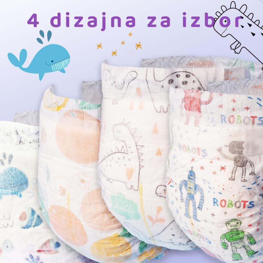 BeSuper Premium Pelene samples with dinosaur and robot designs, soft and absorbent.