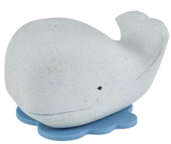 Hevea Squeeze'N'Splash blue whale bath toy made from natural rubber.