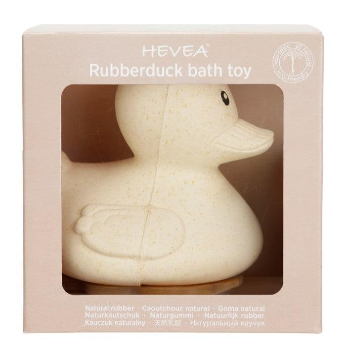 Hevea Squeeze'N'Splash rubber duck bath toy in sand color, made from natural rubber, eco-friendly and non-toxic.
