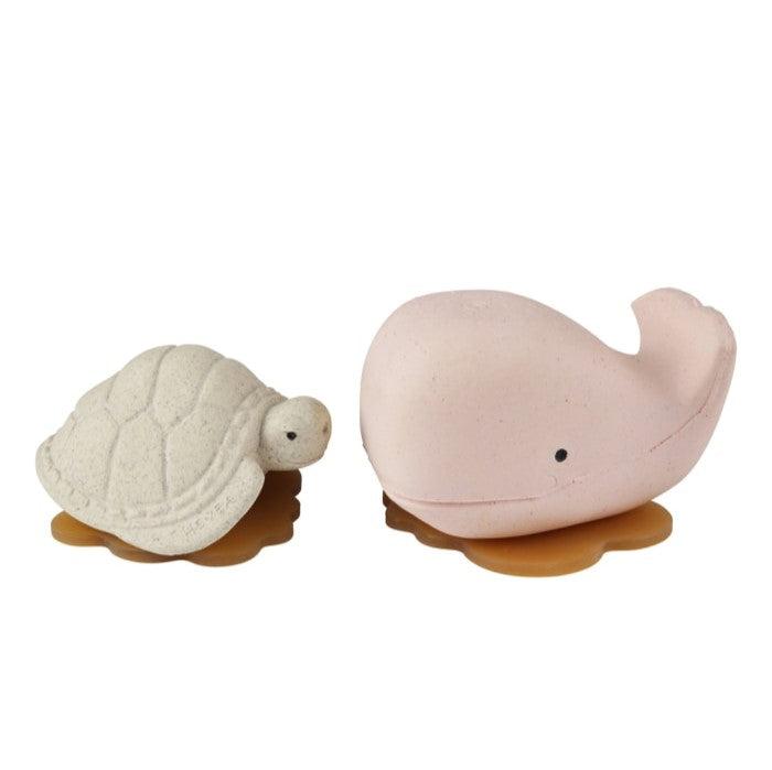 Hevea Squeeze'N'Splash rubber bath toys set with whale and turtle.