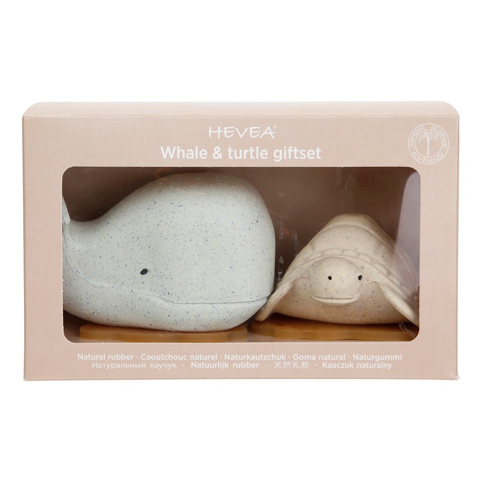 Hevea Squeeze'N'Splash bath toy set with rubber whale and turtle in gift box.