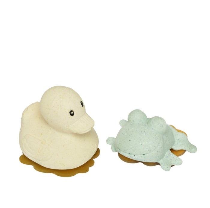 Hevea Squeeze'N'Splash bath toys set with rubber duck and frog, snowy blue and sage.