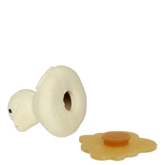 Hevea Squeeze'N'Splash bath toys set with rubber duck and frog in snowy blue and sage.