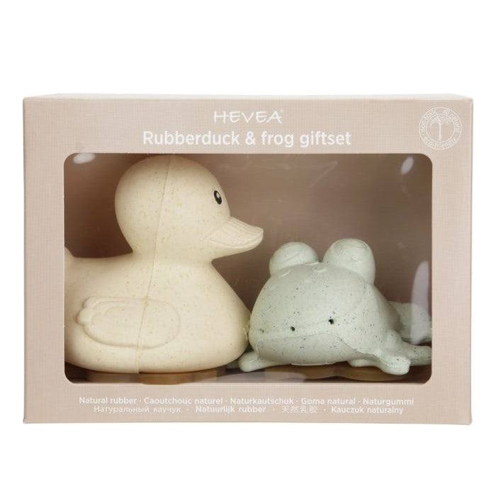 Hevea Squeeze'N'Splash bath toy gift set with rubber duck and frog in snow blue and sage, made from natural rubber, in packaging.