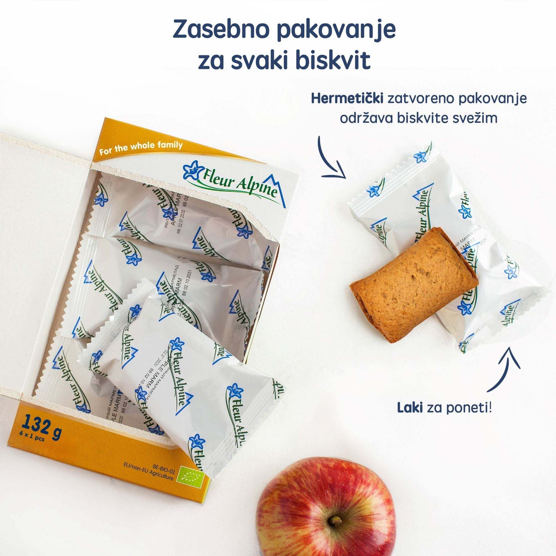 Fleur Alpine biscuit with apple marmalade, organic, whole grain, 132g package.