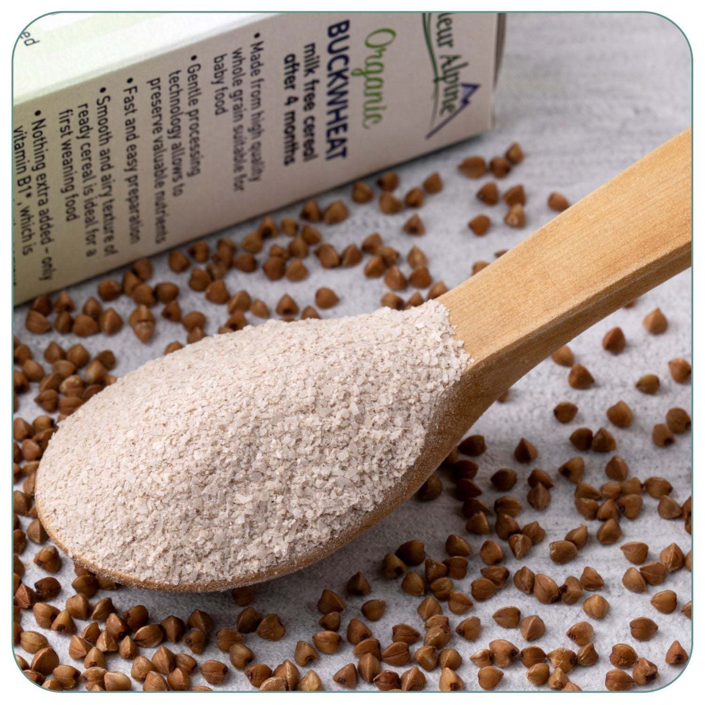 Fleur Alpine organic buckwheat cereal for babies, gluten-free, non-dairy, 175g package with spoon.