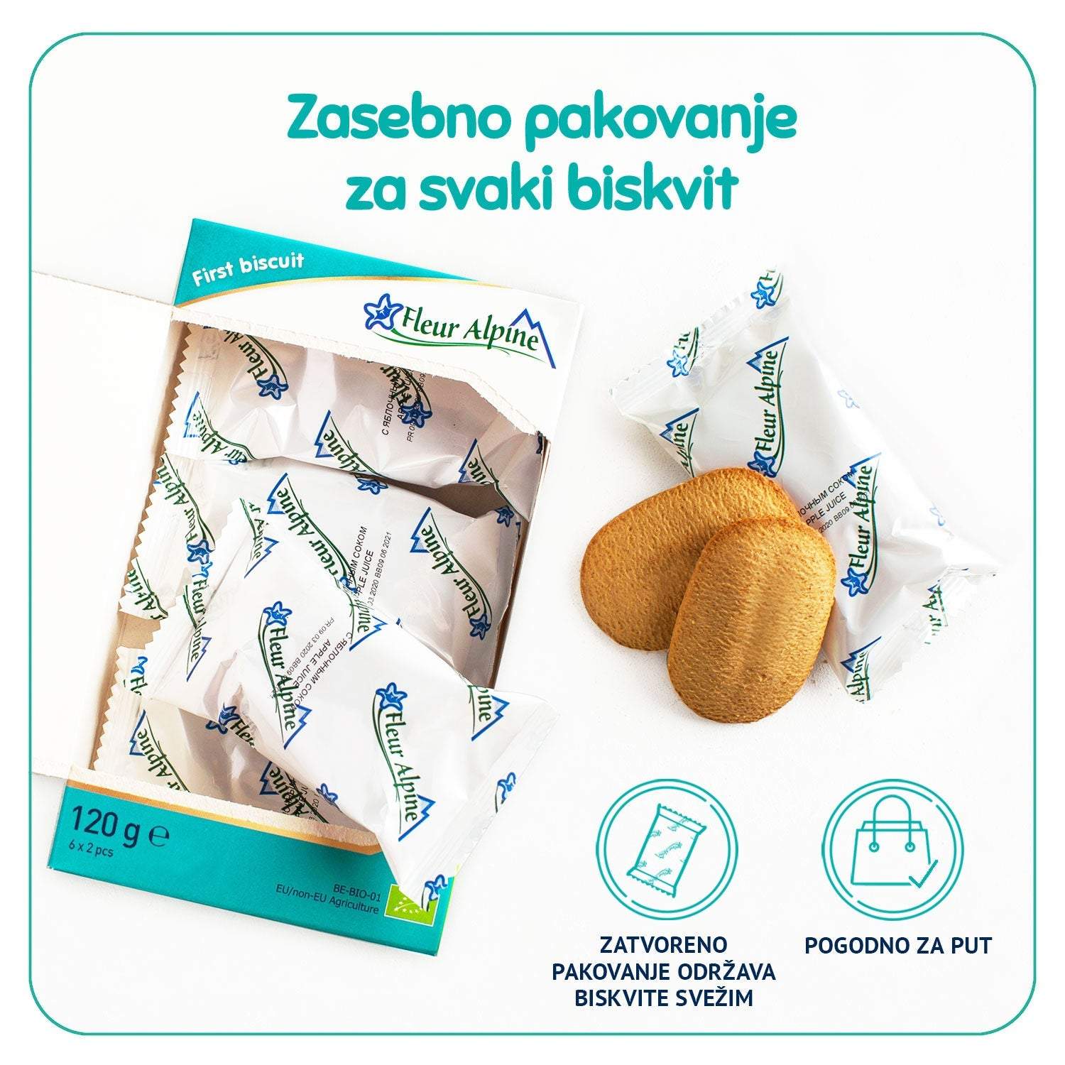 Fleur Alpine apple juice biscuits for babies, individually packaged, organic, 120g.