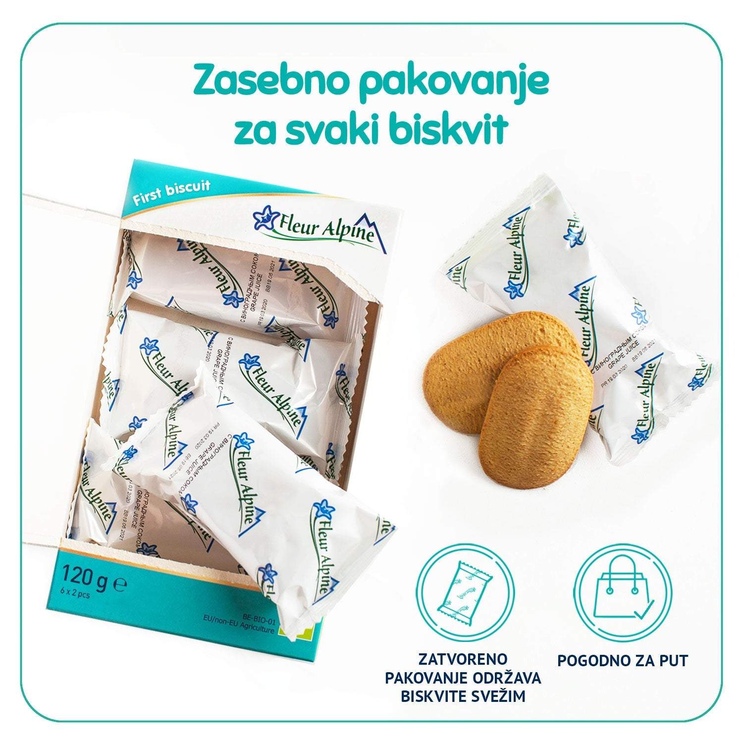 Fleur Alpine organic grape juice biscuits, individually packed, 120g, suitable for babies 6+ months.