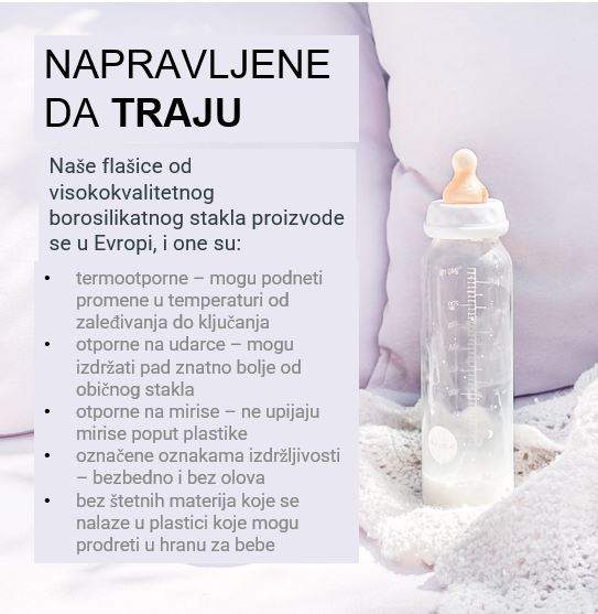 Hevea flašica za bebe od borosilikatnog stakla na jastuku.