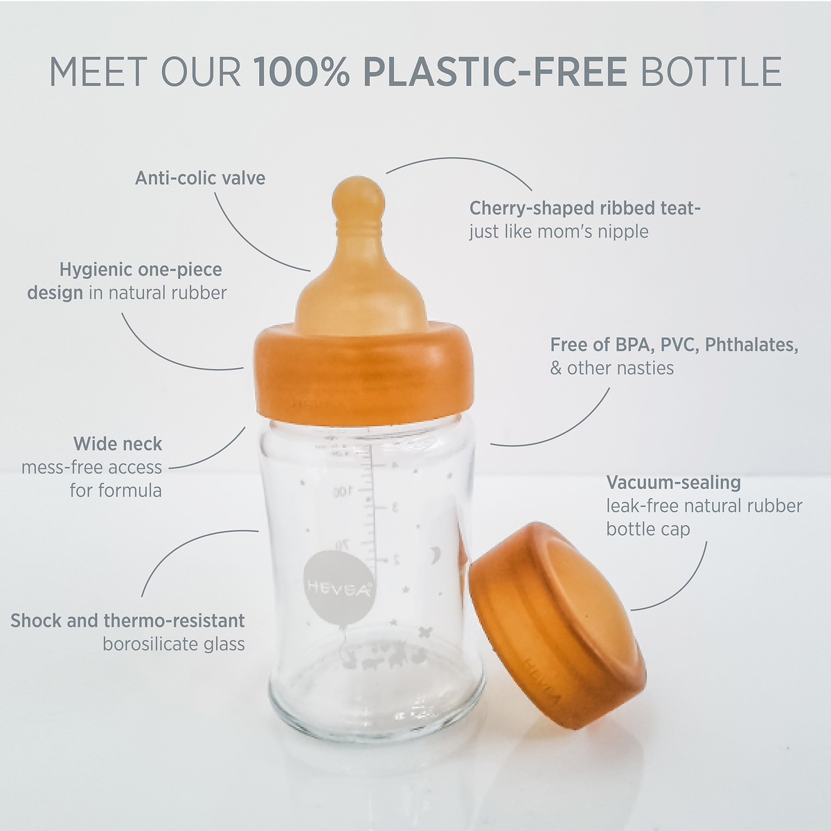 Hevea wide-neck baby bottle cap, natural rubber, eco-friendly.