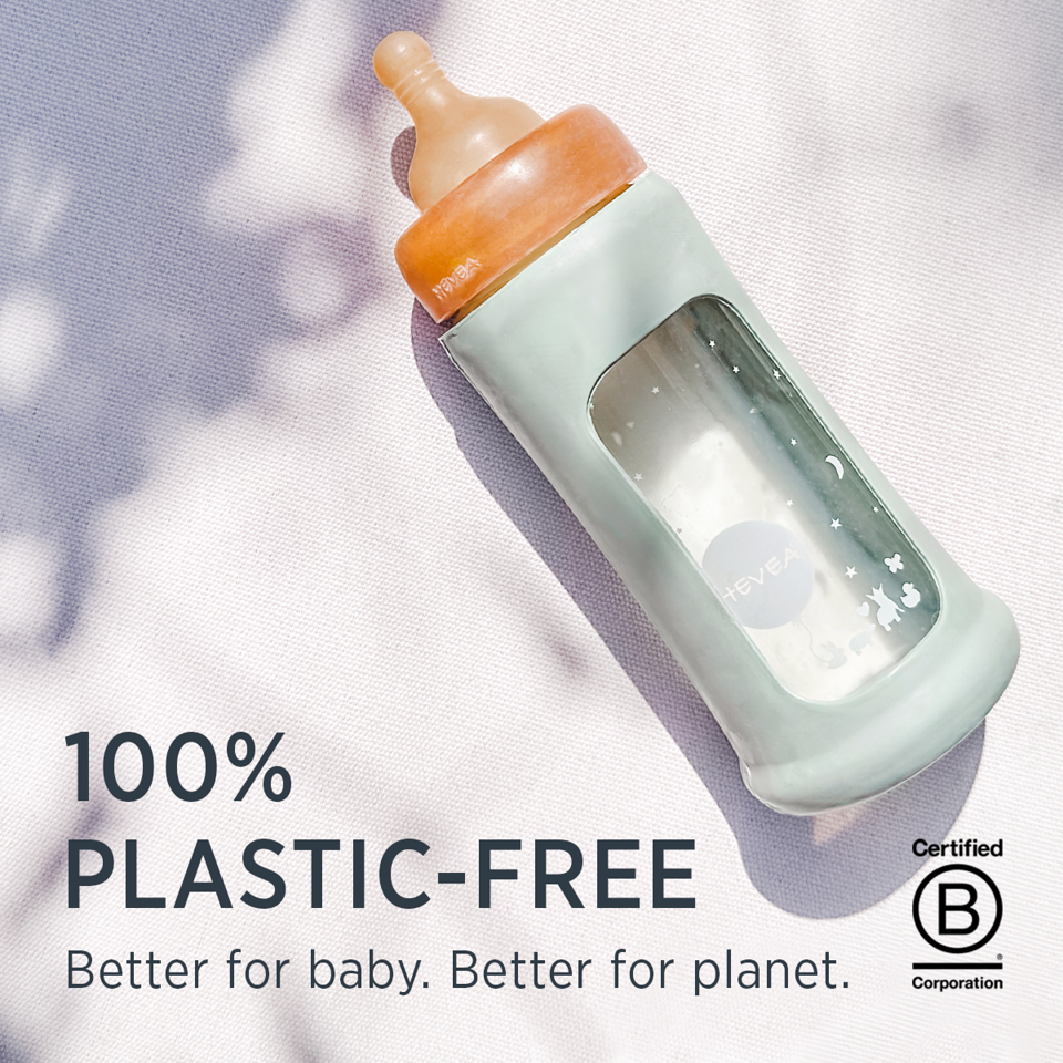 Hevea flašica sa širokim otvorom i zaštitnim rukavom, 100% borosilikatno staklo, bez plastike, za bebe.
