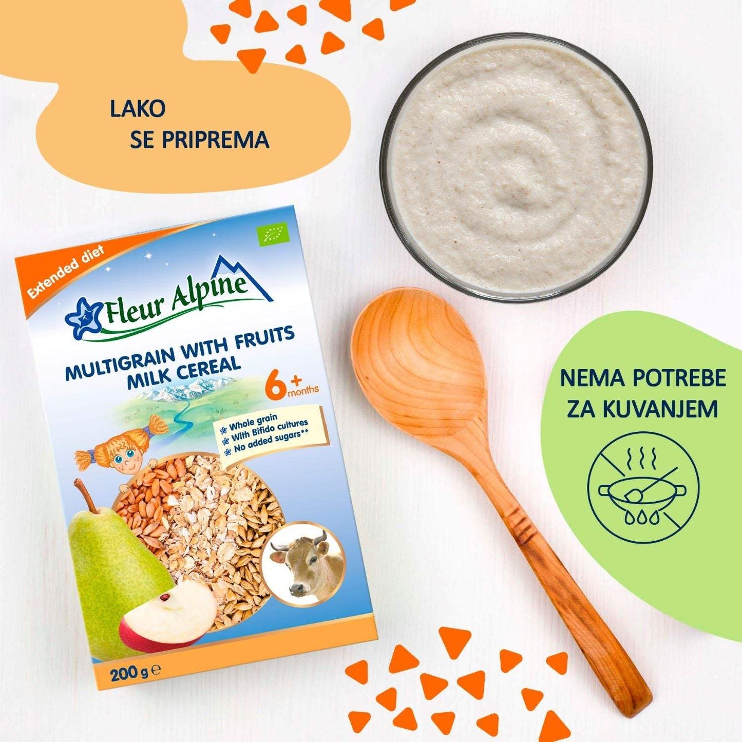 Fleur Alpine organic multigrain fruit milk cereal for infants, 6+ months, 200g package.
