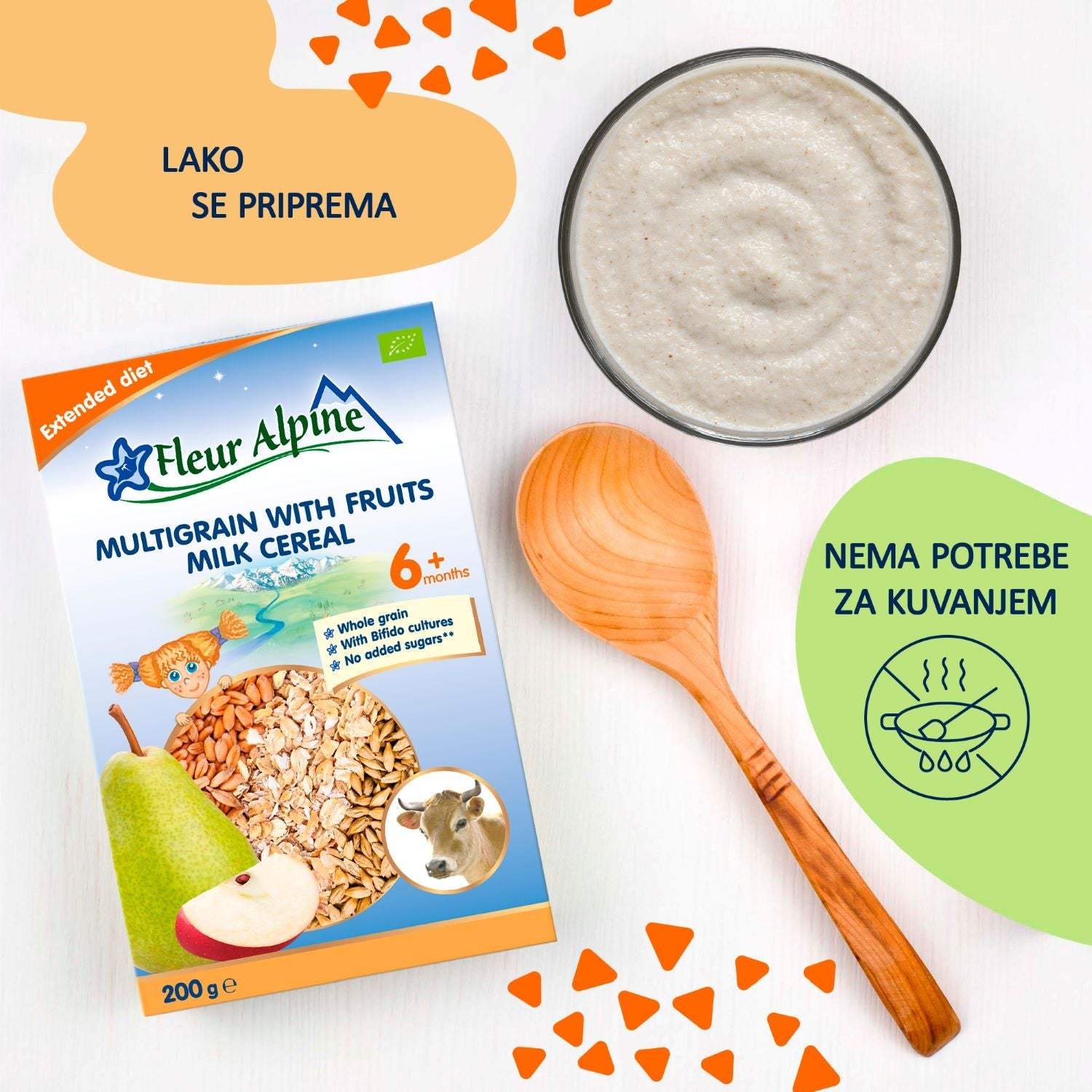 Fleur Alpine organic multigrain fruit milk cereal for infants, 6+ months, 200g package.