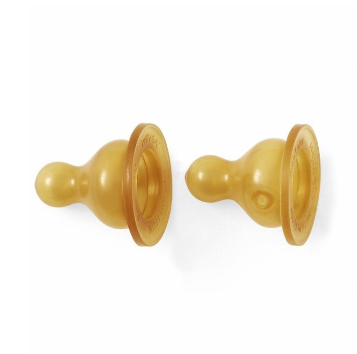 Hevea natural rubber bottle nipples, set of 2, for standard neck bottles.