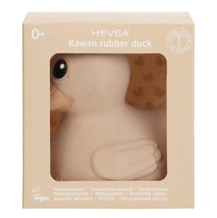 Hevea Kawan Mini Gumena patkica Bela in box, eco-friendly baby toy, hand-painted with natural pigments.