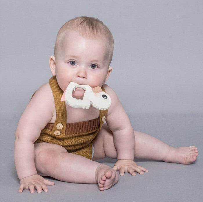 Baby using Hevea Bumibebe natural rubber teether.