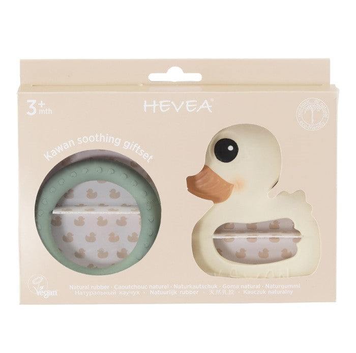 Hevea Kawan soothing gift set made from natural rubber, includes teething aid and duck toy in eco-friendly packaging.
