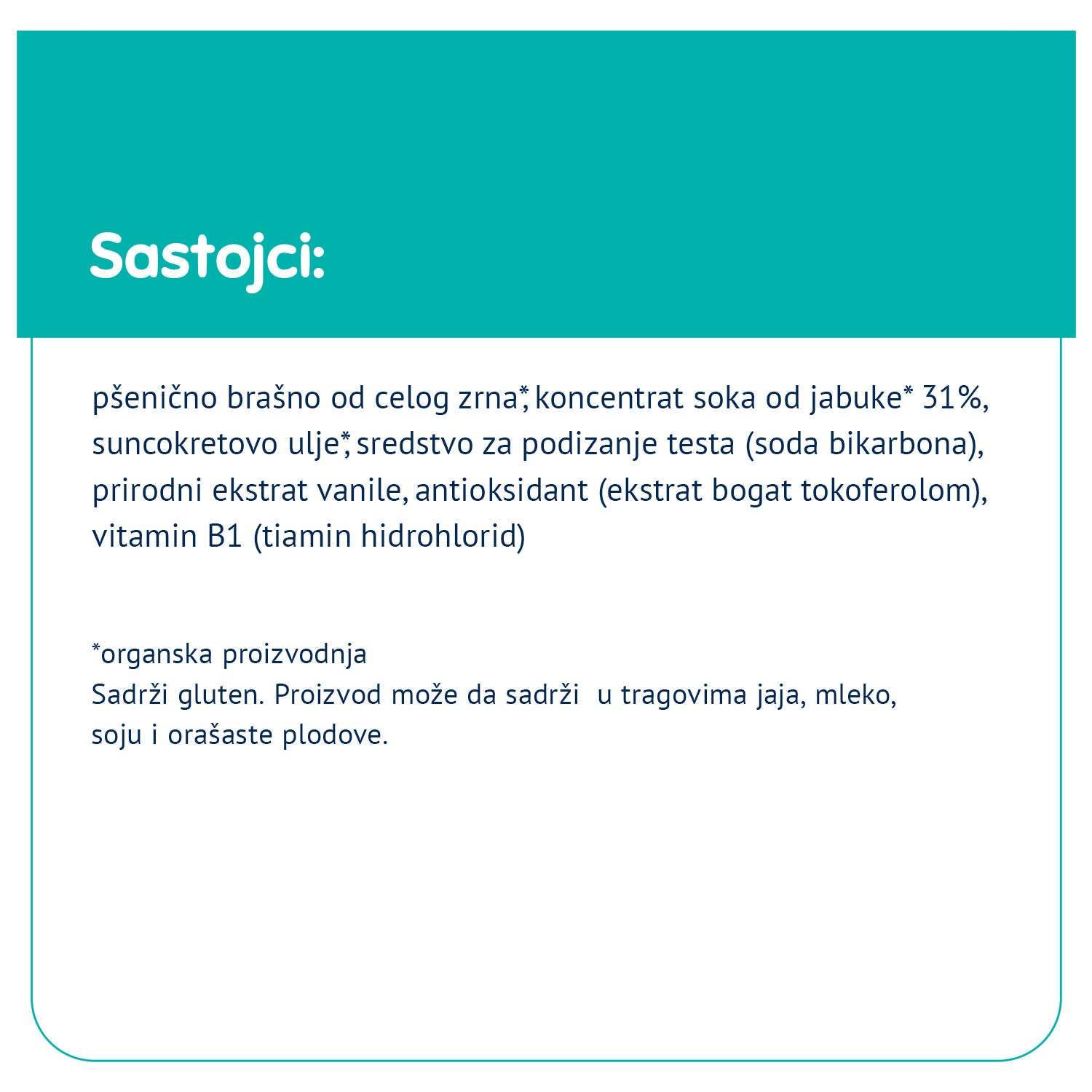 Ingredients list for Fleur Alpine biskvit with apple juice concentrate, whole wheat flour, and sunflower oil.