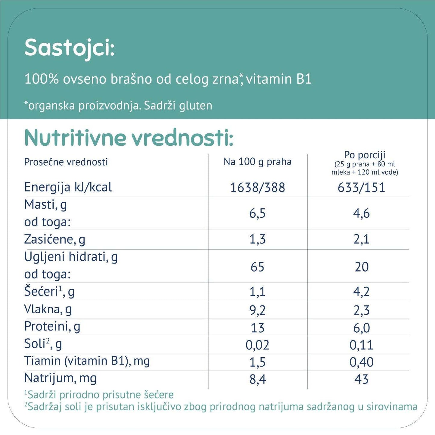 Fleur Alpine organska bezmlečna ovsena kaša, nutritivne vrednosti i sastojci.